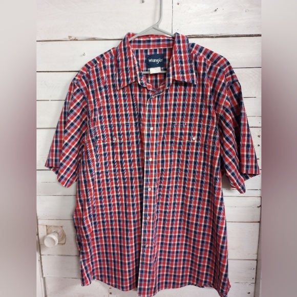 Vintage Wrangler Shirt Men's Pearl Snap XXL Red White Blue Short Sleeve Western - Picture 1 of 8
